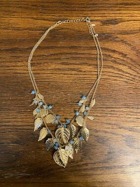Vintage Avon Double Row Leaf Necklace with Teal Bead Accents